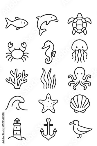 Ocean Nature icons in minimalistic line art style: fish, dolphin, whale, turtle, crab, seahorse, jellyfish, octopus, coral, seaweed, starfish,