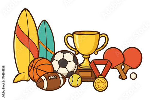 Sports equipment collection. Cartoon vector illustration of trophy, medal, ball for soccer, basketball, football, tennis. Surfboard and ping pong paddle for athletic competition.