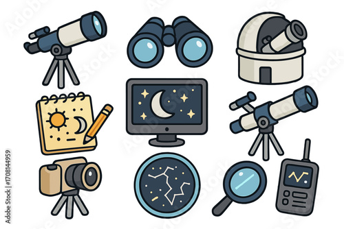 Astronomy icon set for stargazing and space exploration. Vector collection of science tools like telescope, observatory, binoculars, camera, star map. Celestial observation.