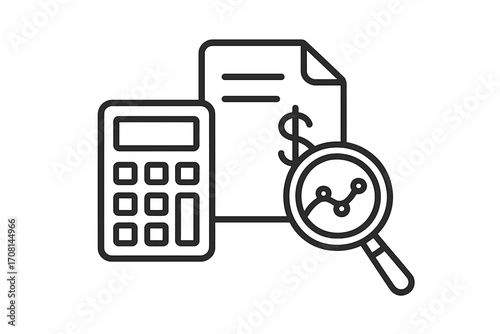 Financial analysis concept. Budget calculation and accounting report icon. Business investment growth and profit analytics. Economic data research with magnifier and calculator.