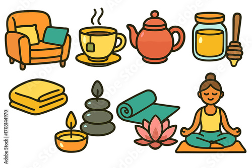 Relaxation and self-care icons set for cozy home and wellness. Vector illustration of yoga, meditation, tea time essentials, spa stones, candle, and armchair for comfort. Hygge lifestyle concept.