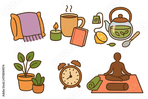 Set of cozy home icons for relaxation and self-care. Tea ceremony, yoga meditation, reading a book. Healthy lifestyle routine for mental health and wellbeing. Hygge concept.