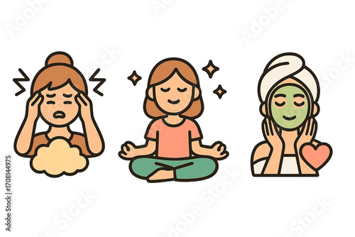 Wellness icons showing stress relief, meditation, and self-care. Woman with anxiety and headache to calm yoga and beauty face mask. Mental health and mindfulness concept.