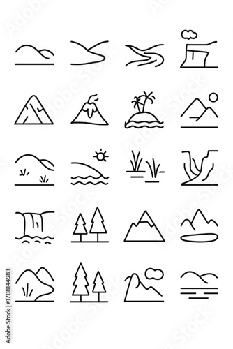 Landscape Nature icons in minimalistic line art style: hill, valley, river, cliff, glacier, volcano, island, desert, meadow, beach, swamp, canyon,