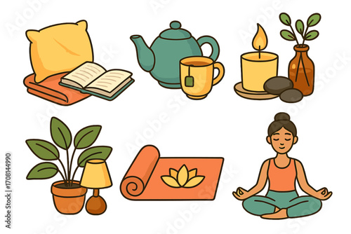 Relaxation and self-care at home icon set. Woman in yoga meditation, tea, book, candle. Cozy hygge lifestyle and mental wellness concept. Vector cartoon illustration.