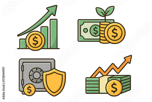 Financial growth, investment return and money security icon set. Finance success, profit and savings concept. Vector illustration of wealth, economy and banking assets.