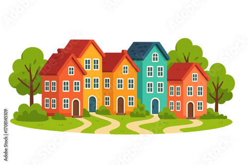 Colorful townhouses in a cheerful neighborhood. Vector cartoon illustration of a cute village street. Suburban community with homes and trees. Real estate property concept.