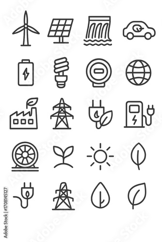 Sustainable Energy icons in minimalistic line art style: wind turbine, solar panel, hydro dam, electric car, battery, energy bulb, smart meter, globe,