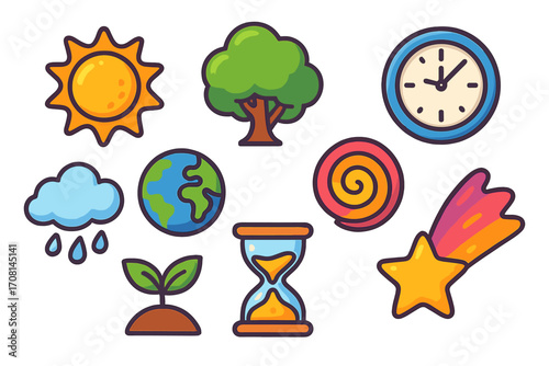 Nature and time cartoon icon set. Vector illustration with sun, earth, tree, sprout, clock, hourglass, and star. For weather, ecology, environment, and creative concepts.