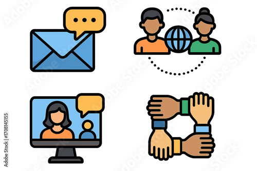 Digital communication icon set. Collaboration, teamwork, connection symbols. Global business, video conference, online meeting, email. Modern flat vector cartoon illustration.