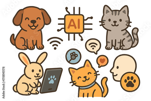 AI in animal care concept with cute pets and technology symbols. Smart pet tech for monitoring health and interaction. Dog, cat, rabbit with veterinary app. Vector graphic set.