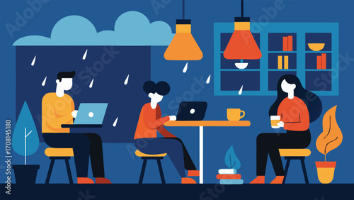 Cozy cafe rainy afternoon people warm drinks vector illustration scalable eps