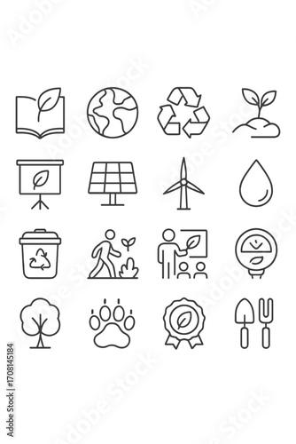 Environmental Education icons in minimalistic line art style: book leaf, globe, recycling arrows, plant sprout, presentation board, solar panel, wind