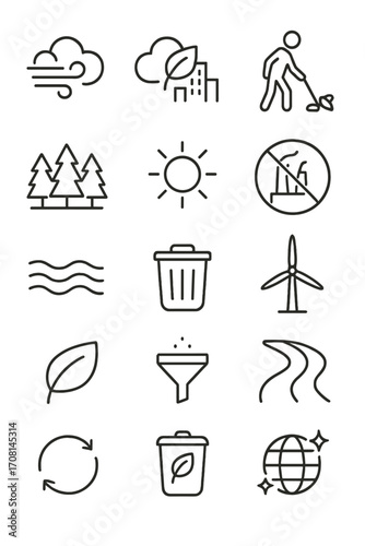Clean Environment icons in minimalistic line art style: clean air icon, leaf cloud, eco cityscape, trash picker, forest line, clear sky sun, pollution