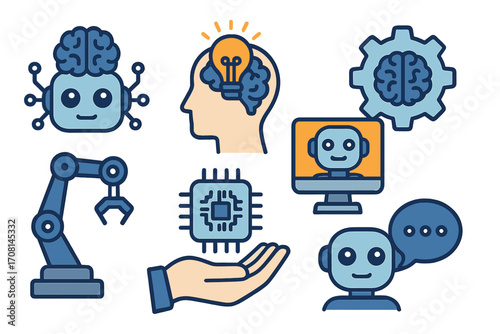 Artificial intelligence icon set. Robot, brain, machine learning, and automation symbols. Tech innovation concept with chatbot, robotic arm, and processor vector illustration.