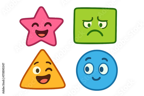 Geometric shape characters with emotions. Cute cartoon mascot vector icon set for kids. Happy star, sad square, winking triangle, smiling circle. Feelings and mood concept.