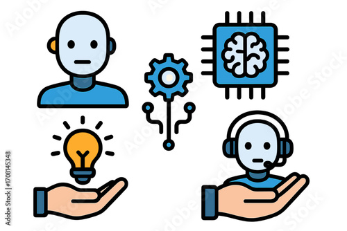 Artificial intelligence icon set. AI technology concepts. Robot, chatbot support, innovation idea, machine learning brain CPU. Vector cartoon illustration symbol collection.