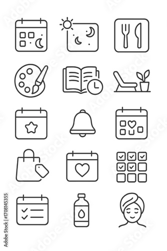 Daily Routine icons in minimalistic line art style: morning plan, evening routine, meal prep date, family time icon, hobby slot, study reminder,