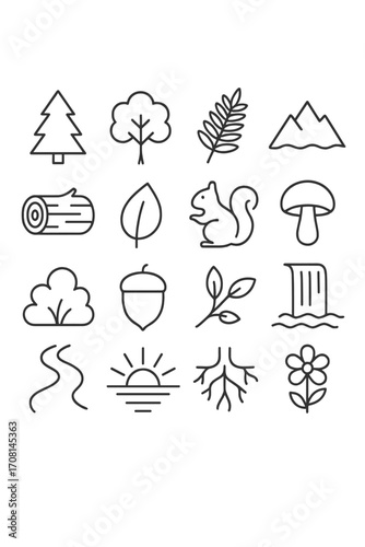 Eco Transportation icons in minimalistic line art style: electric scooter, bicycle, bus, train, hybrid car, carpool icon, footpath, solar car,