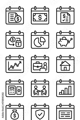 Finance Calendar icons in minimalistic line art style: bill due date, salary reminder, tax deadline, invoice date, payment schedule, budget review,