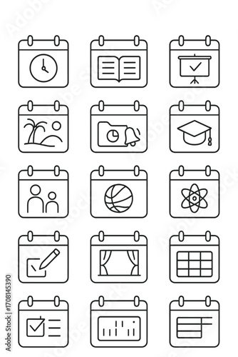 Academic Calendar icons in minimalistic line art style: exam date, study plan, assignment deadline, lecture schedule, school holiday, project due date