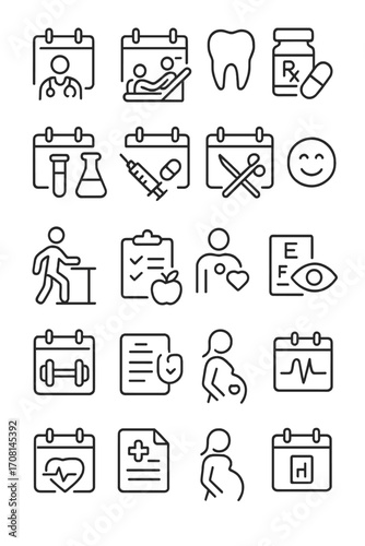 Medical Appointments icons in minimalistic line art style: doctor visit date, therapy session, dental appointment, prescription refill, lab test date,