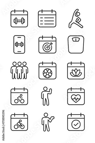 Fitness Tracking icons in minimalistic line art style: workout day, training schedule, yoga session, running plan, gym booking, fitness goal date,