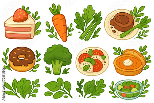 Food illustration set. Vector cartoon icons of meals, vegetables, and desserts. Collection of strawberry cake, donut, salad, steak, pie, carrot, and broccoli for menu design.