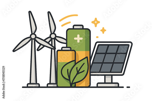 Renewable energy concept with wind turbines, solar panel, and battery storage. Green power generation and sustainable electricity. Clean eco energy vector cartoon illustration.