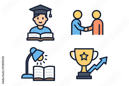Education and success icon set. Student with graduation cap and book. Collaboration handshake. Study lamp and knowledge. Achievement trophy with growth arrow. Learning concept.
