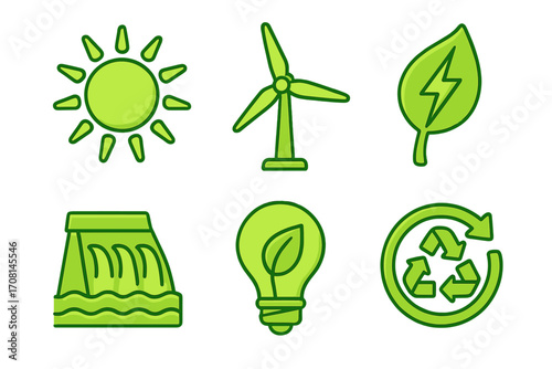 Green energy icon set. Renewable solutions for a sustainable future. Eco-friendly design with solar, wind, hydro, and bioenergy symbols. Vector cartoon illustration for conservation.