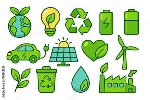 Colorful cartoon icon set of sustainability and ecology symbols. Green energy concept. Renewable power, solar panel, wind turbine, electric car, recycling, and planet care.