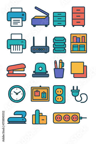 Shared Resources icons in modern flat vector style in minimalistic vibrant color design: printer, scanner, copier, filing cabinet, shredder, Wi-Fi