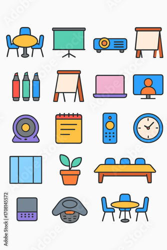 Meeting Rooms icons in modern flat vector style in minimalistic vibrant color design: round table, chairs, presentation screen, projector, whiteboard,