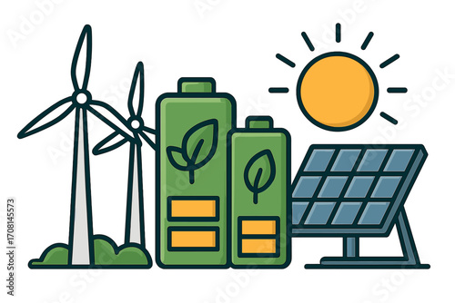 Renewable energy concept. Vector illustration of green power sources: wind turbines, solar panel, and battery storage. Sustainable electricity generation from sun and wind.