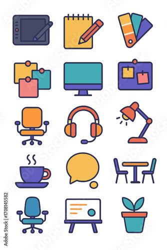 Creative Zone icons in modern flat vector style in minimalistic vibrant color design: drawing tablet, sketchpad, color palette, inspiration board,