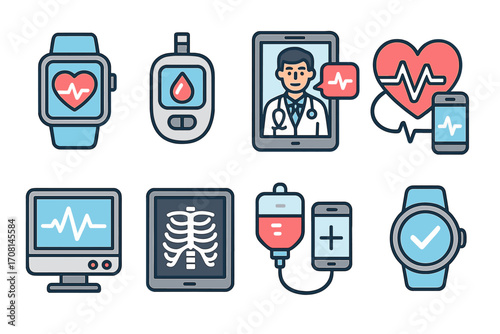 Health technology icon set. Digital medicine concept with smartwatch, ECG, glucometer, online doctor consultation. Telemedicine, healthcare app, and data monitoring vector icons.