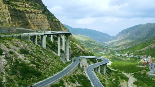 A multi-layer bridge, a marvel of modern architecture, constructed in a mountainous region