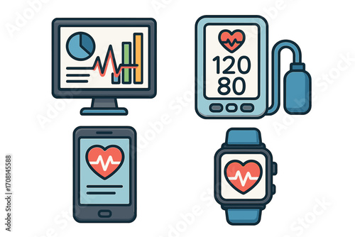Health technology icons for digital innovation. Medical devices, data analysis, wearable health monitor, blood pressure cuff, and heart rate app for modern healthcare concepts.