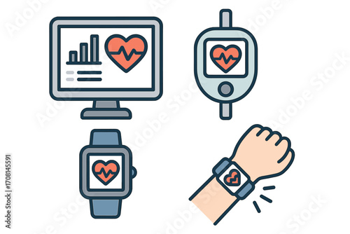 Health technology icon set with medical device, wearable health monitor, smartwatch and heart rate data analysis. Digital health, e-health, telemedicine vector concept.