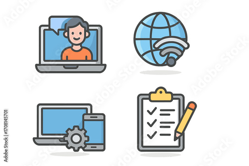 Remote work icon set for online business. Modern flat cartoon vector illustration of video conference, global wifi network, responsive device settings, and task management.
