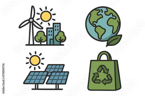 Renewable energy icon set for sustainability. Eco-friendly urban living with solar panel, wind turbine, recycling bag and green planet earth. Vector cartoon illustration.