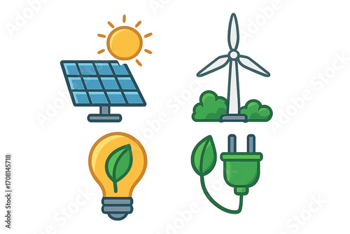 Renewable energy icon set. Solar panel, sun, wind turbine, eco light bulb, and green plug. Sustainable technology vector illustration. Clean power cartoon symbols.