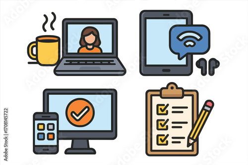 Remote work icon set. Home office concept with video conference on laptop, checklist on clipboard, and mobile devices. Business communication and task management vector.