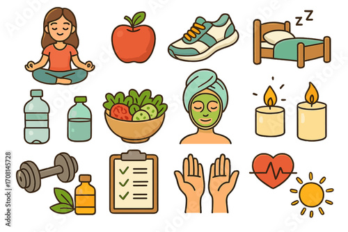 Wellness and self-care icon set for healthy living. Vector cartoon collection with fitness, nutrition, sleep, and relaxation symbols. Daily routine and lifestyle elements.