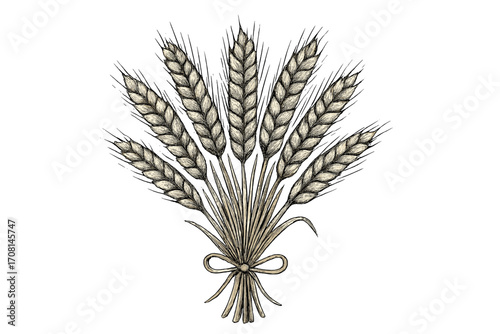 A bouquet of wheat ears drawn in a realistic, monochrome, contour line style. Sheaf of wheat concept for agriculture, harvest, bakery, or natural food. Hand-drawn grain vector.