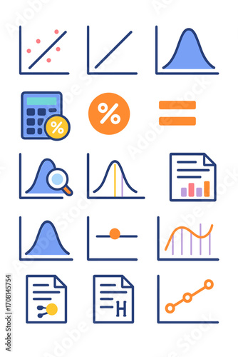 Statistical Analysis icons in modern flat vector style in minimalistic vibrant color design: scatter plot, regression line, histogram bars,