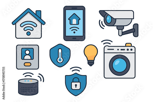 Smart home technology vector icons set. Internet of things, home automation system concept. Includes security camera, smart light, speaker, thermostat, and remote control.