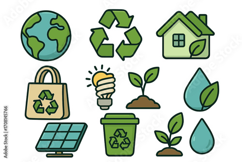 Sustainability and recycling icon set for eco-friendly living. Concepts for green energy, water conservation, and planet care. Vector collection for ecology and environment.