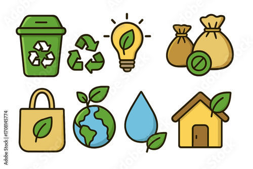 Eco friendly icon set. Sustainability, recycling, green energy, and conservation concepts. Zero waste lifestyle symbols. Cartoon vector illustration of earth, leaf, and eco house.
